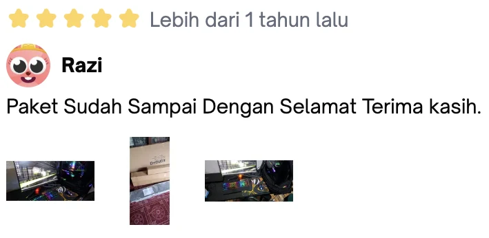 Ulasan bintang 5 dari Razi: “Paket Sudah Sampai Dengan Selamat Terima kasih.”