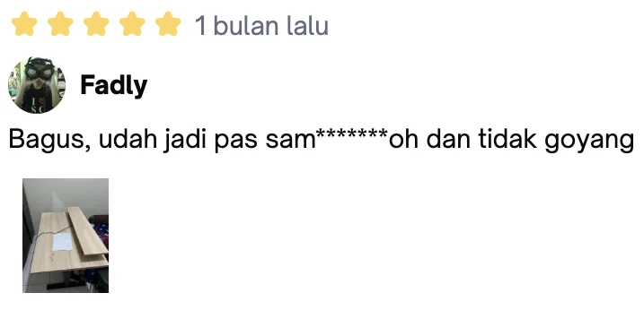 Ulasan bintang 5 dari Fadly: “Bagus, udah jadi pas sam*******oh dan tidak goyang”